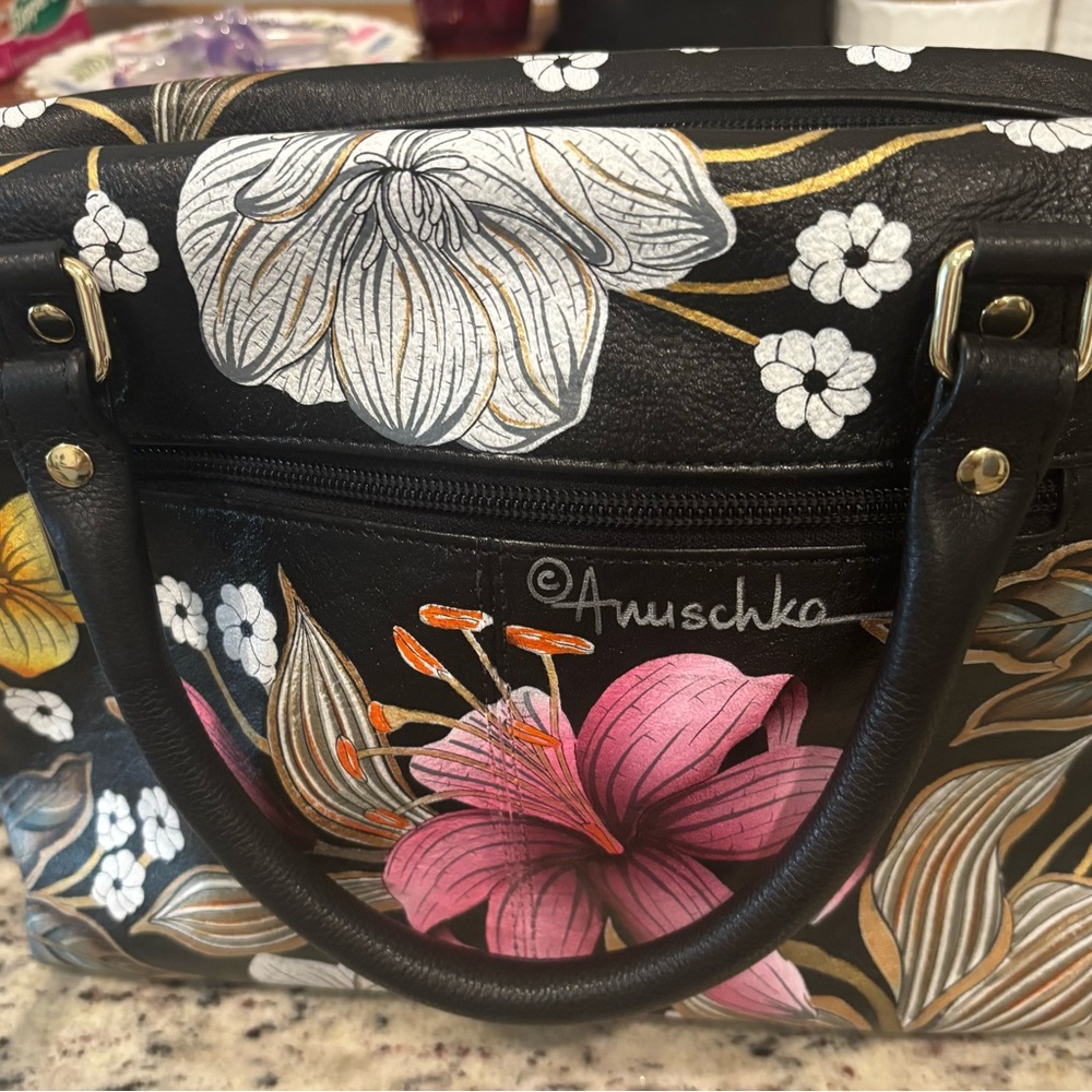 Anuschka Black Bag with Pink and White Floral Design
